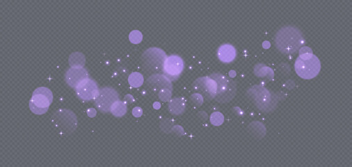 Wall Mural - purple bokeh with stars and sparkles, shiny overlay decoration isolated on grey background. vector i