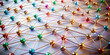 © LenaLensLife - Colorful connected dots network with gold rods forming a complex geometric pattern, symbolizing connection, communication, and technology.