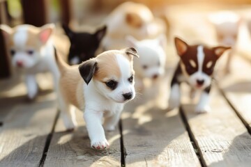 Wall Mural - Playful puppies exploring a wooden deck in the warm sunlight with soft smiles and adorable features