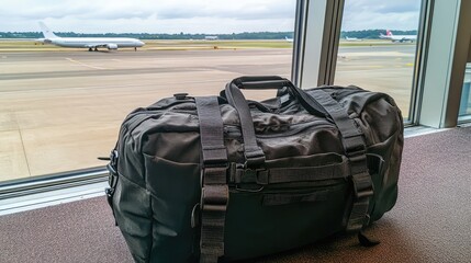 Poster - A black travel bag placed near a large window overlooking an airport runway with planes in the distance.