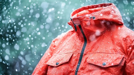 Aufkleber - A close-up of a folded red raincoat with the fabric soaked in rainwater, set against a misty, rainy background.