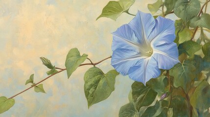 Poster - A close-up of a pale blue morning glory flower climbing up a vine, with a soft green bokeh in the background.