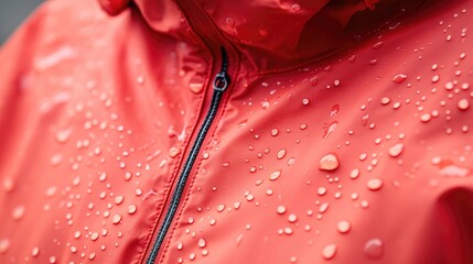 Aufkleber - A close-up of the hood and collar of a bright red raincoat, with soft raindrops cascading down the fabric.