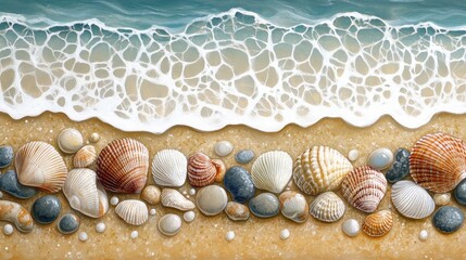 Aufkleber - A close-up of seashells and pebbles scattered on a sandy beach with the ocean in the distance.