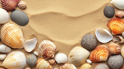 Aufkleber - A close-up of seashells and pebbles scattered on a sandy beach with the ocean in the distance.