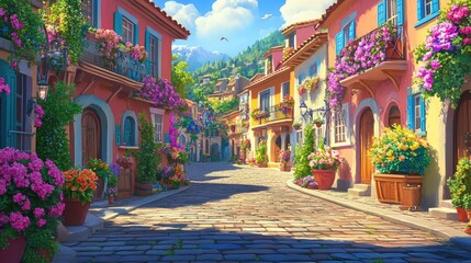 Poster - A cobblestone street in a quaint European village, lined with colorful buildings and flower boxes.