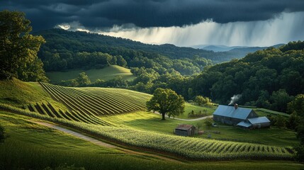 Poster - A country farm under a downpour, with the rain pouring over crops and fields, and the sky filled with dark storm clouds.
