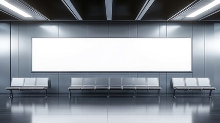 Poster - a departure board with blank flight information in a well-lit, modern airport space with reflective 