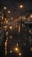 Sticker - A lone streetlamp casts a warm glow on the dark waters of the harbor at night, water, reflective