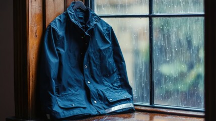 Aufkleber - A folded navy raincoat with a reflective strip placed on a windowsill, with heavy rain falling in the background.