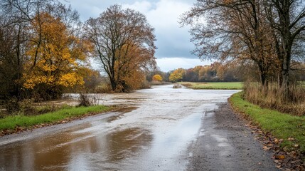 Poster - A flooded road with heavy rain pouring down, the water covering the asphalt and creating ripples in the puddles.