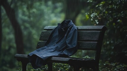 Poster - A navy blue raincoat resting on a bench with a faint mist of rain falling outside, creating a peaceful, cozy ambiance.