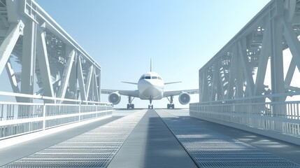 Poster - A pristine outdoor shot of a jet bridge extending toward an airplane, with a clear blue sky above.