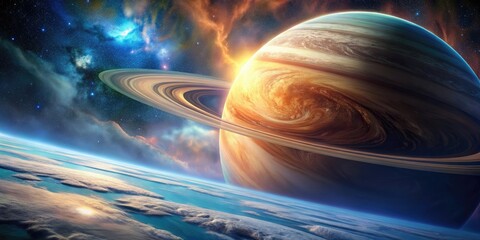 Wall Mural - A majestic planet in the distance with a swirling atmosphere and wispy clouds of methane and ammonia, atmospheric gases, methane cloud, exoplanet, planetary science, hazy sky