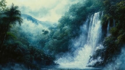 Poster - A rainstorm hitting a lush tropical landscape, with water cascading from the trees and puddles forming on the forest floor.