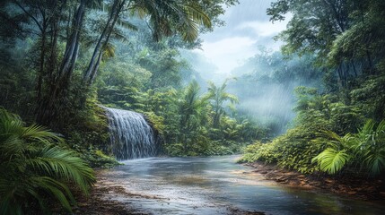 Poster - A rainstorm hitting a lush tropical landscape, with water cascading from the trees and puddles forming on the forest floor.
