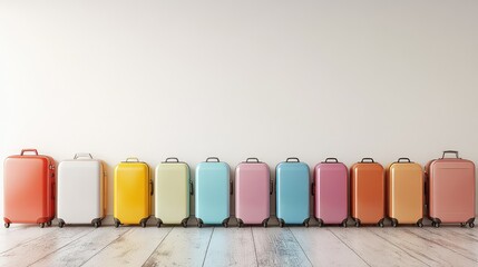 Aufkleber - A row of colorful suitcases aligned neatly in front of a blank, brightly lit white wall.