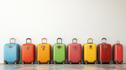 Aufkleber - A row of colorful suitcases aligned neatly in front of a blank, brightly lit white wall.