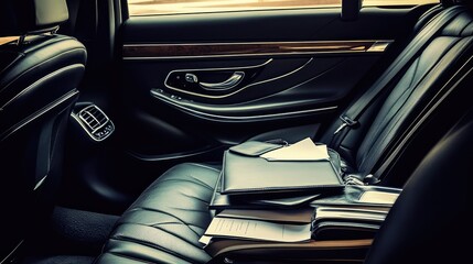 Poster - A sleek business car's interior with a leather seat, briefcase, and documents arranged for travel.