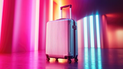 Aufkleber - A sleek, modern suitcase standing in front of a brightly lit, abstract architectural background.