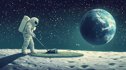 Wall Mural - Astronaut mowing lawn on moon, stars, earth, space, humorous, whimsical, illustration, vector art, cosmic gardening. Lunar Garden. Illustration