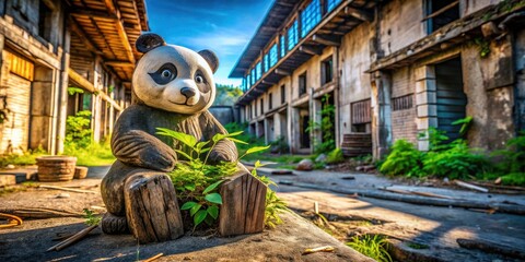 Wall Mural - Decaying cityscape backdrop contrasts sharply with the weathered wooden panda, a powerful image from an urban exploration.