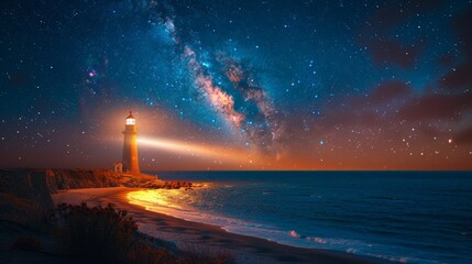 Lighthouse Beam Illuminates the Night Sky