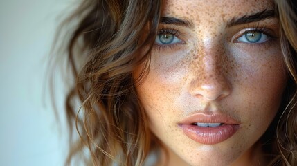 Sticker - Close-up Portrait of a Person with Freckles, Soft Lighting, and Intense Gaze Highlighting Natural Beauty and Facial Details in a Candid Expression