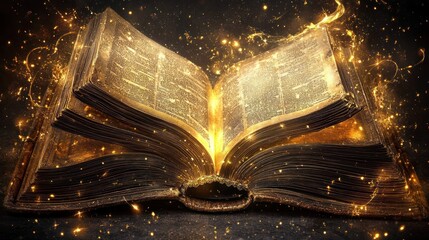 Poster - An ancient book with pages aglow is emitting light and magical particles in dark space