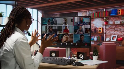 Poster - Employee greeting coworkers during videocall from home desk, organizing calendar appointments. Worker preparing for corporate event, doing remote videoconference meeting with colleagues, camera A