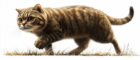 tabby cat stalking in grass, white background, pet image