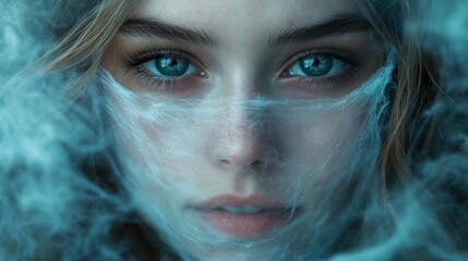 young woman with transparent mask surrounded by swirling smoke and particles environmental portrait with teal undertones