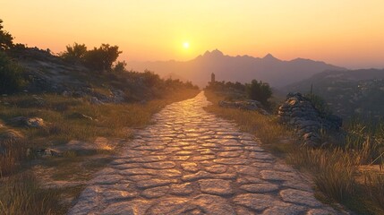 Wall Mural - Sunset path, mountain view, journey, peace, hope