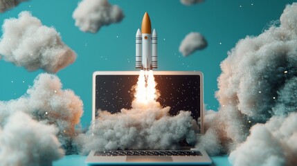 Aufkleber - dynamic laptop surrounded by swirling clouds with rocket launching into the sky