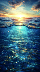 Wall Mural - Underwater world glows with golden light at sunset creating a surreal seascape.