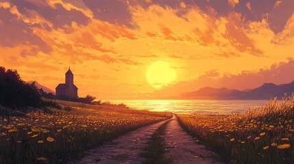 Wall Mural - Sunset coastal church path, wildflowers, mountains