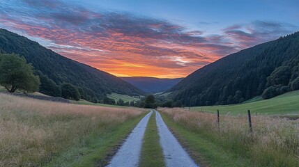 Wall Mural - Sunrise Valley Road Scenic countryside path at dawn. Ideal for travel, nature, and serenity themes