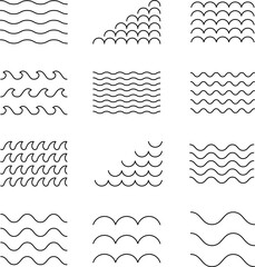 Ocean, sea waves flat simple lines icons symbols vector set