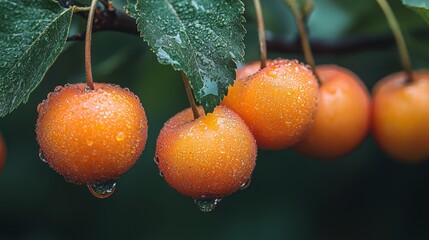 Wall Mural - Ripe yellow cherries on branch, rain drops, orchard background, food photography