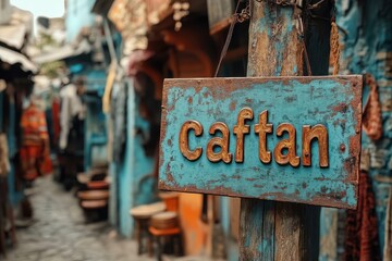 Rustic Street Market Scene Featuring Colorful Caftan Sign in a Traditional Bazaar Setting, Evoking a Sense of Cultural Heritage and Vibrant Local Life