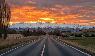 Wall Mural - Scenic road sunrise, snow-capped mountains, rural landscape, travel photography