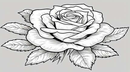 Canvas Print - Elegant rose blossom with detailed petals and leaves in black and white on gray background