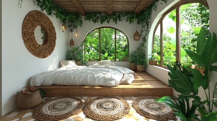 Wall Mural - Cozy bedroom with plants; sunlit, serene escape