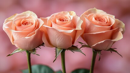 Wall Mural - Three peach roses in a row against a soft pink background with a dreamy and romantic feel