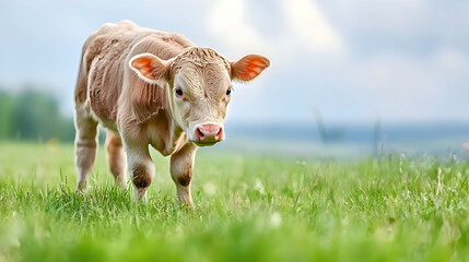 Calf in grassy field, summer day, pastoral scene, idyllic farm background.  Ideal for agriculture, livestock, or nature publications