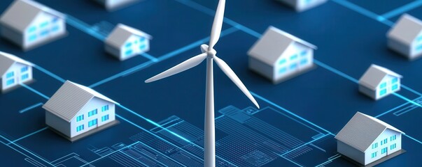 Poster - clean energy wind management Concept. Wind turbine surrounded by miniature houses on a digital blue grid background.