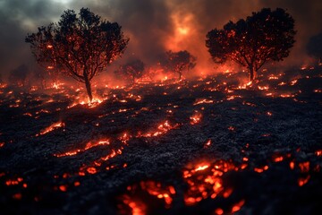 Wall Mural - Fiery forest fire, burning trees, glowing embers.