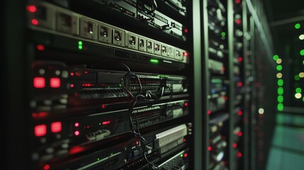 Poster - Servers in a Data Center Showcasing Intricate Wiring and Blinking Lights at Night