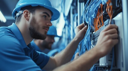 Poster - Technician Working on Network Cables in a Server Room During a Busy Day of Maintenance and Upgrades