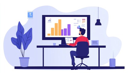 Poster - Man Analyzing Data on a Computer Screen With Colorful Graphs at a Modern Workspace in a Bright Setting